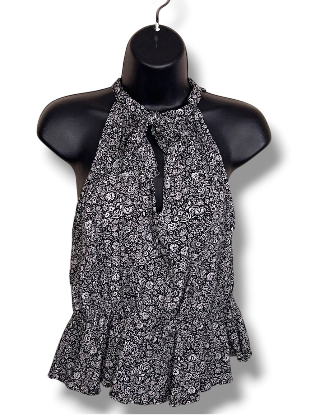 Small Black White Floral Sleeveless Peplum Top Halter Neckline Ruffle Accent